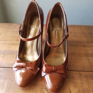 Linea Paolo Brown Metallic Bow Ankle Strap Heels